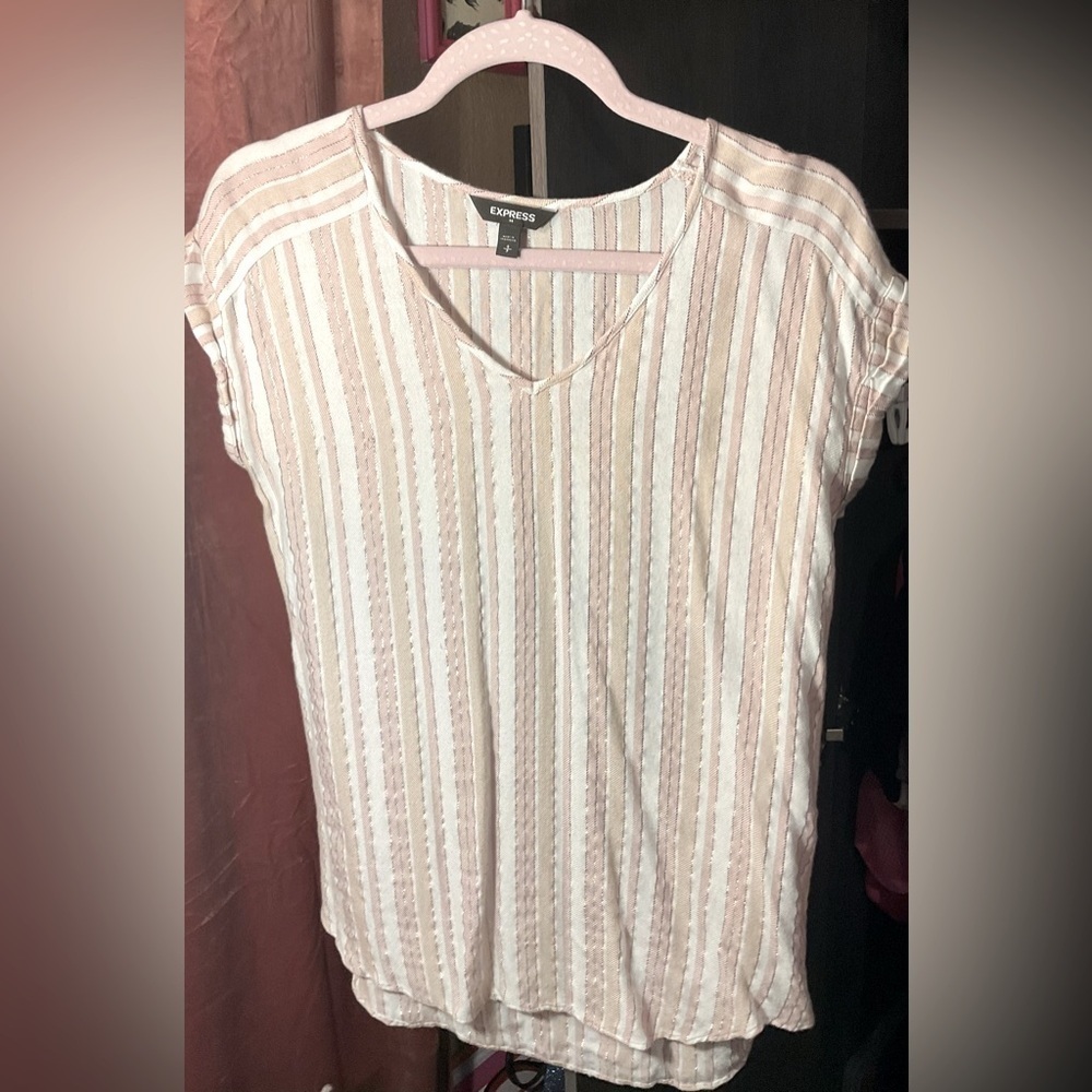 Express women’s Striped short sleeved  top, small, pink and white w/metallic acc